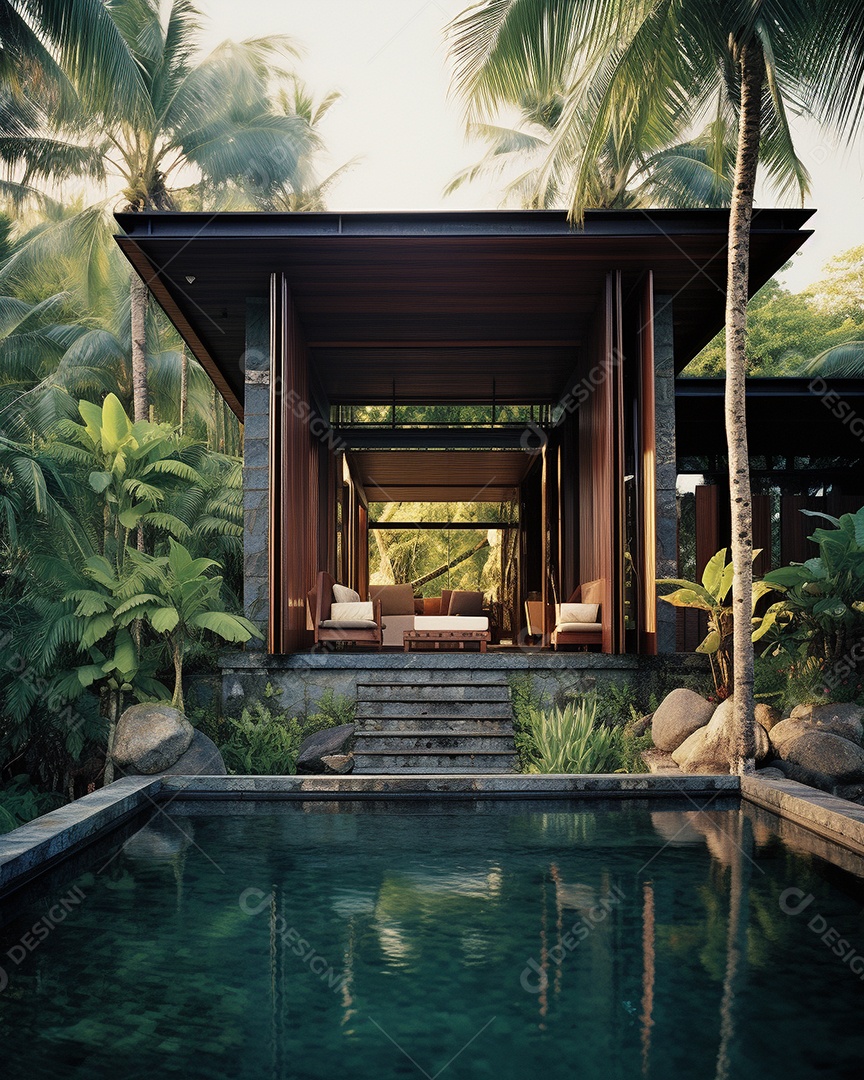 Projeto de casa do arquiteto Ilha Tropical com piscina ao ar livre