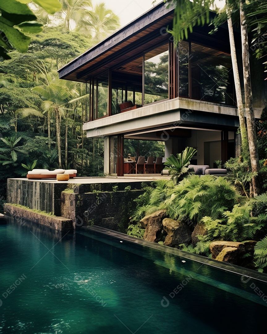 Projeto de casa do arquiteto Ilha Tropical com piscina ao ar livre