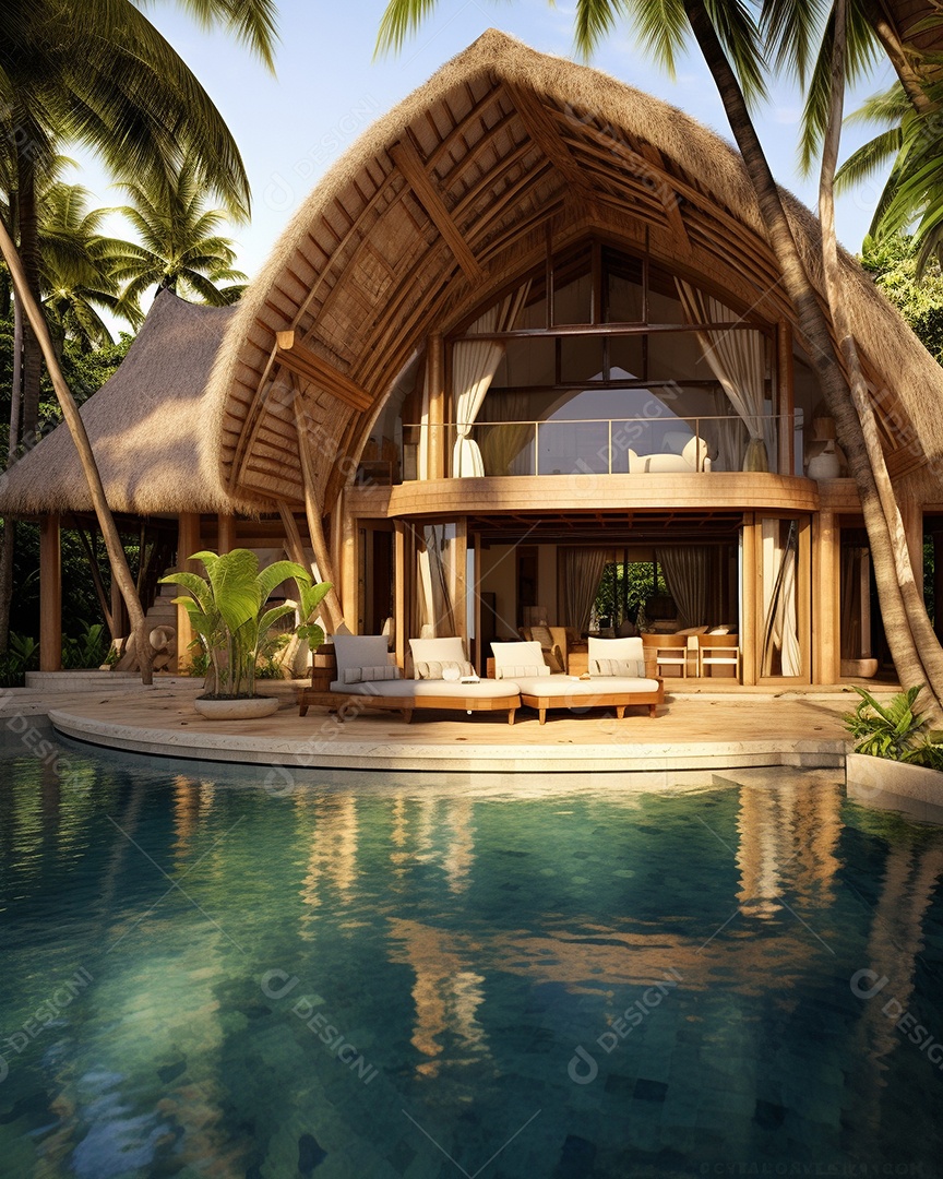 Projeto de casa do arquiteto Ilha Tropical com piscina ao ar livre