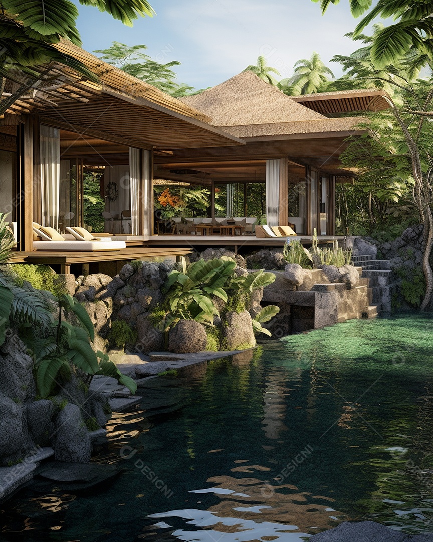 Projeto de casa do arquiteto Ilha Tropical com piscina ao ar livre