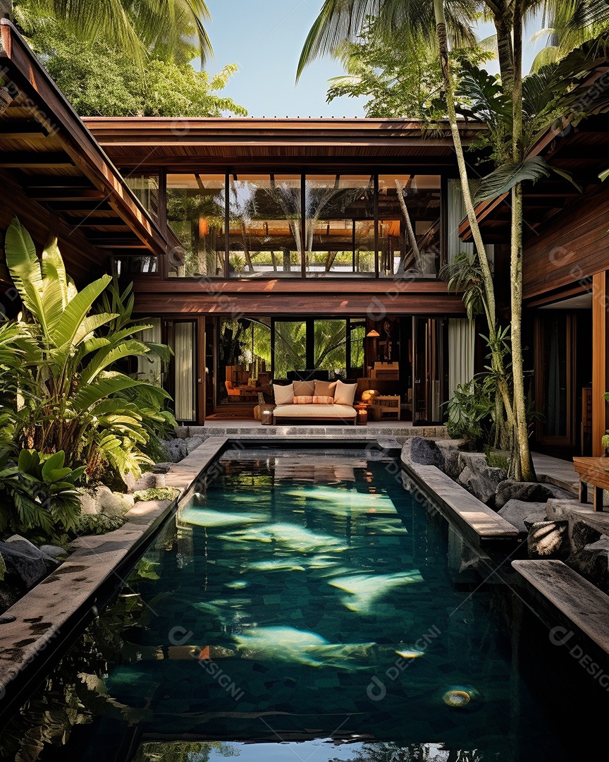 Projeto de casa do arquiteto Ilha Tropical com piscina ao ar livre