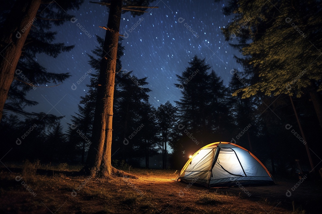 Uma tenda na floresta iluminada pelo céu noturno