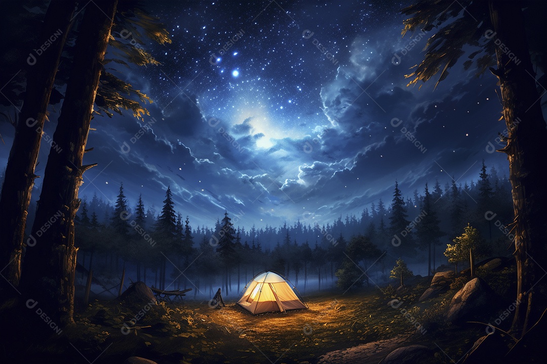 Uma tenda na floresta iluminada pelo céu noturno