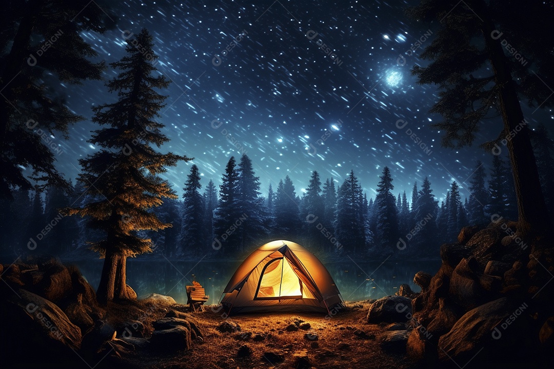 Uma tenda na floresta iluminada pelo céu noturno