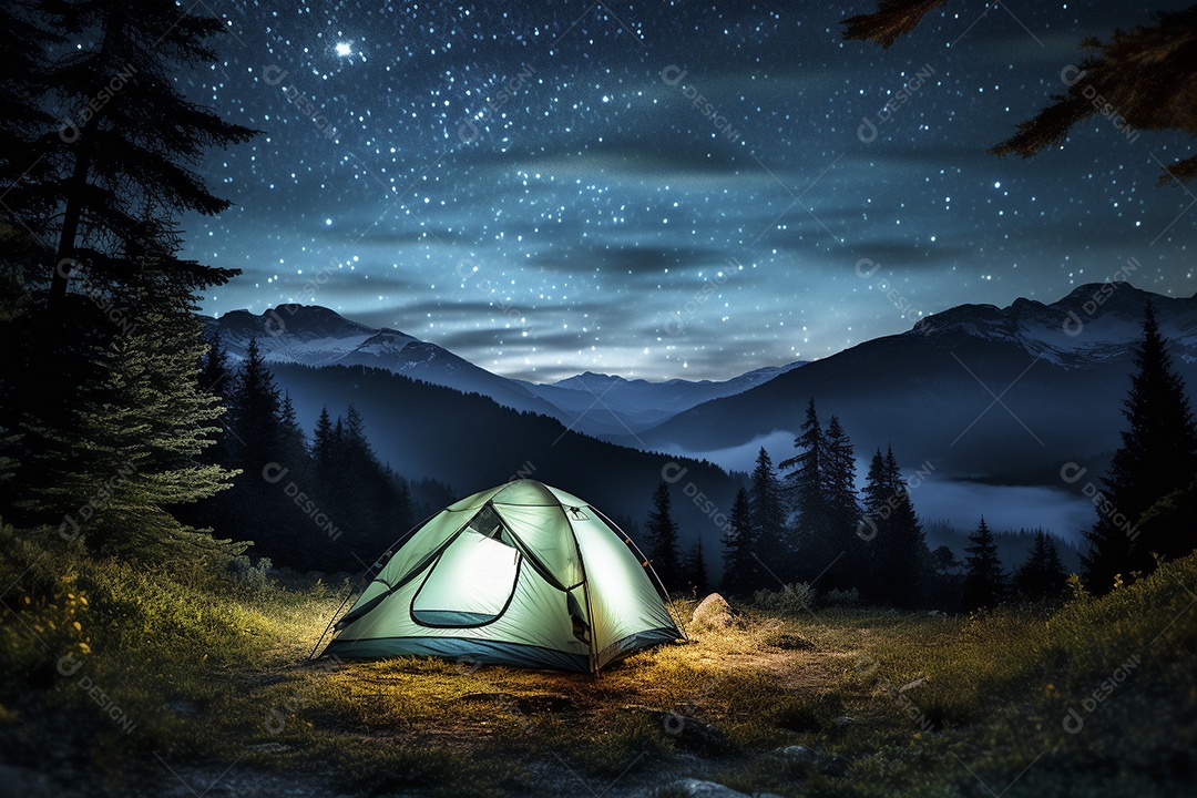 Uma tenda na floresta iluminada pelo céu noturno