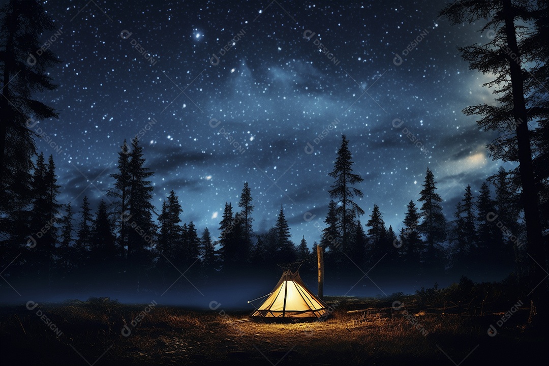Uma tenda na floresta iluminada pelo céu noturno