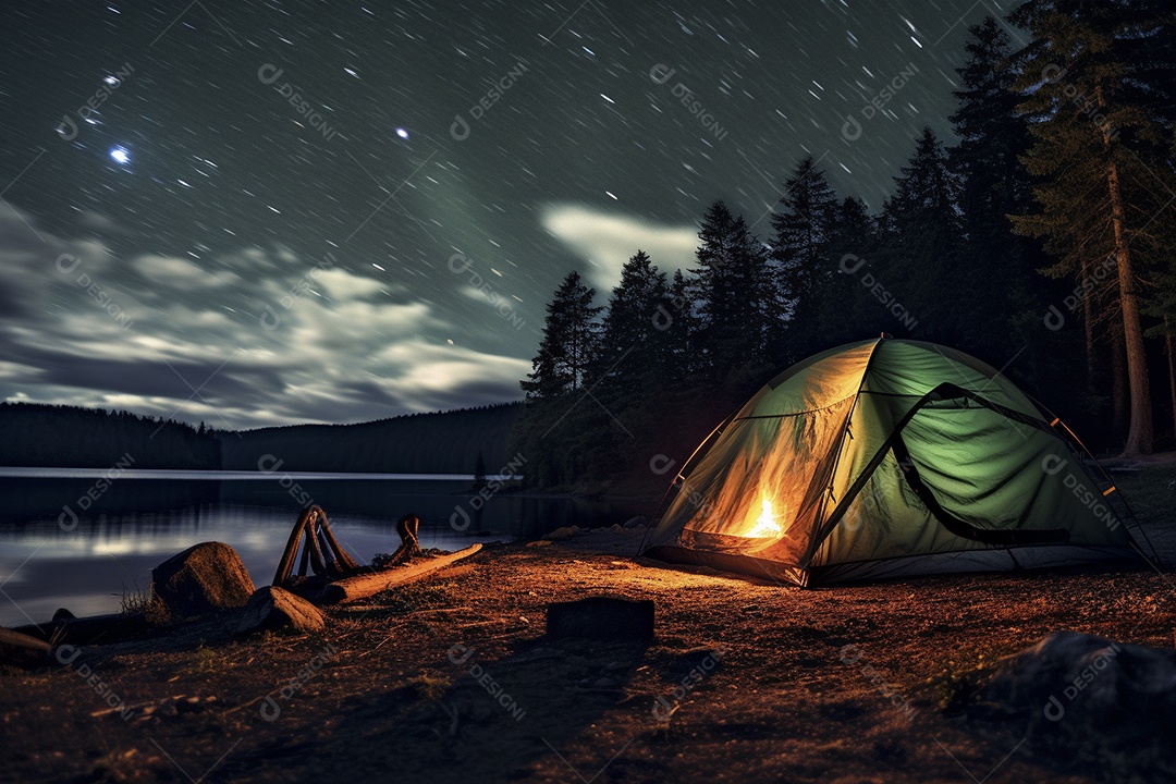 Uma tenda na floresta iluminada pelo céu noturno