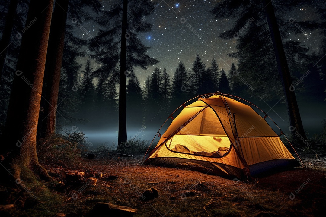 Uma tenda na floresta iluminada pelo céu noturno