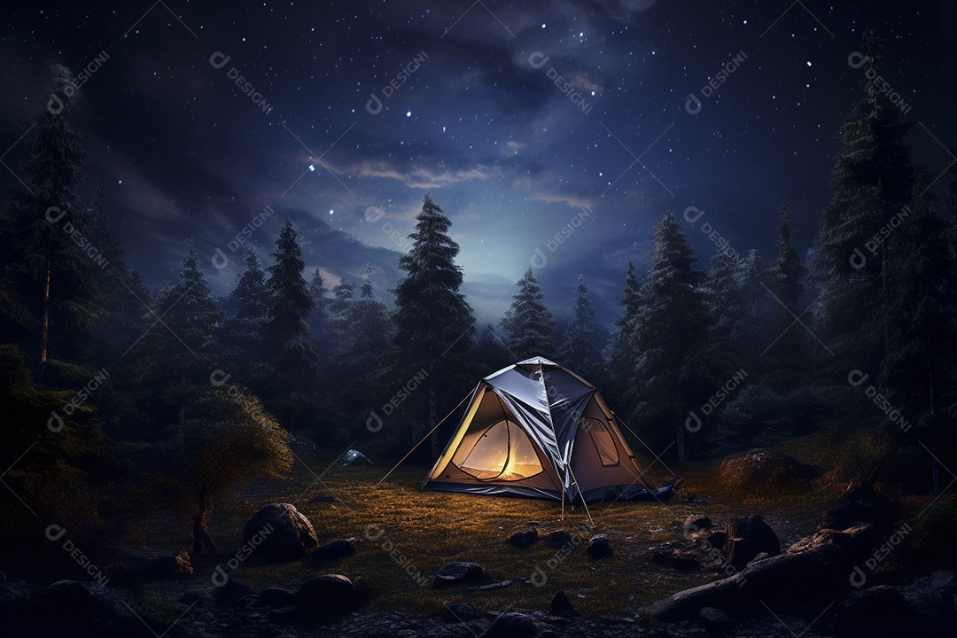 Uma tenda na floresta iluminada pelo céu noturno