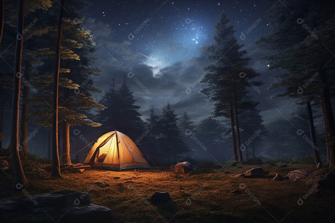 Uma tenda na floresta iluminada pelo céu noturno