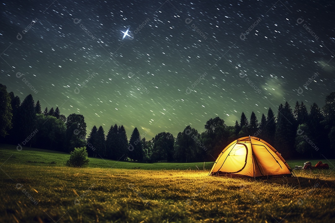 Uma tenda na floresta iluminada pelo céu noturno