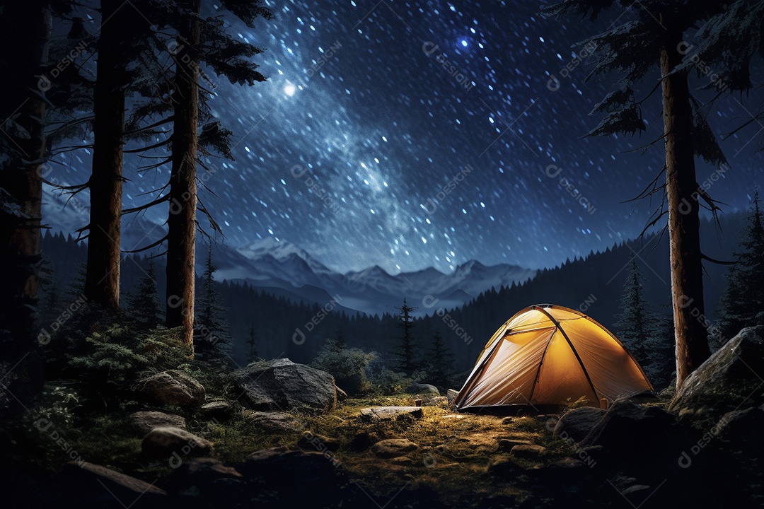 Uma tenda na floresta iluminada pelo céu noturno