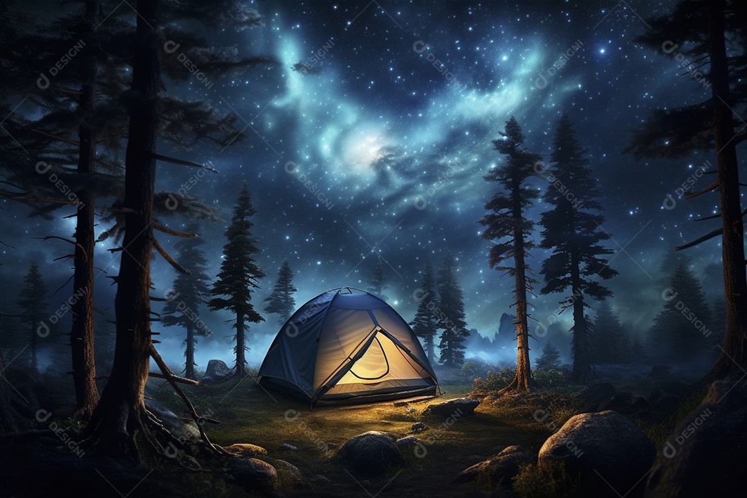 Uma tenda na floresta iluminada pelo céu noturno