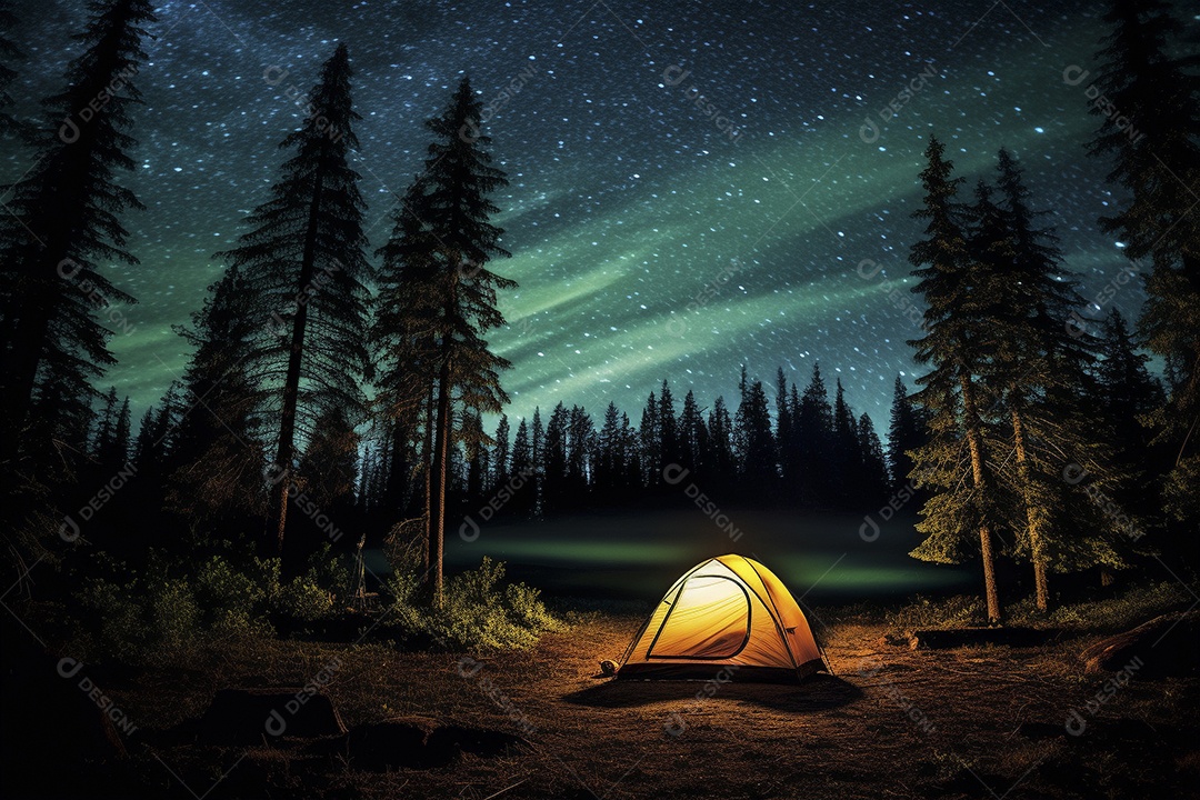 Uma tenda na floresta iluminada pelo céu noturno