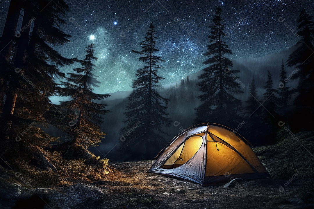 Uma tenda na floresta iluminada pelo céu noturno