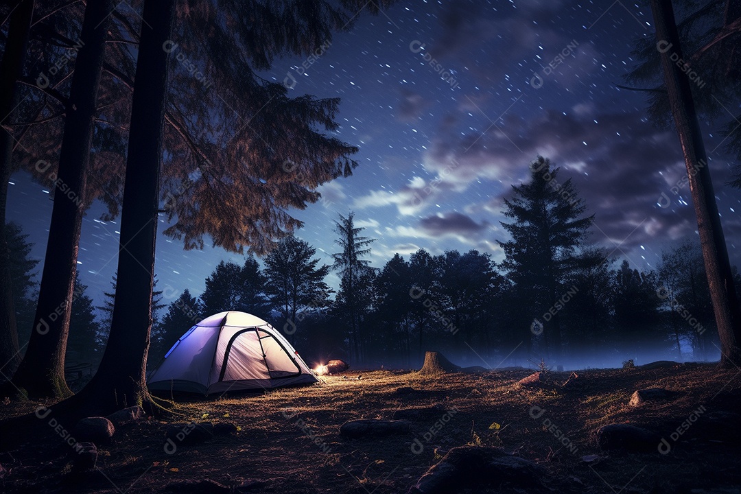 Uma tenda na floresta iluminada pelo céu noturno