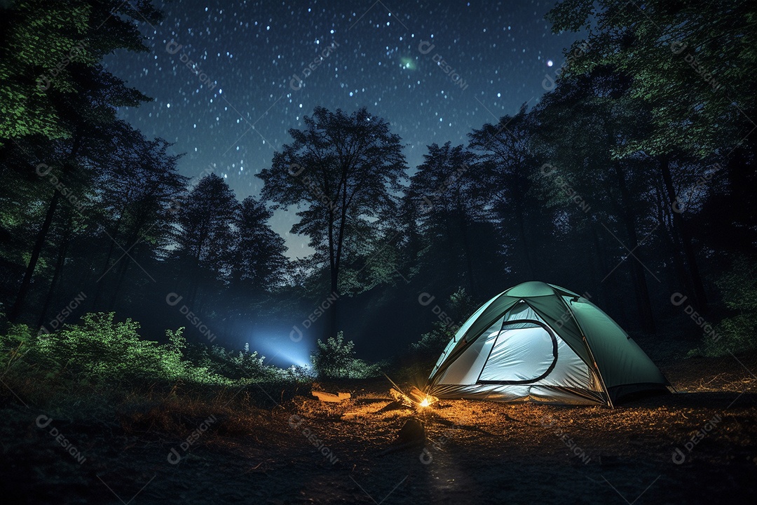 Uma tenda na floresta iluminada pelo céu noturno