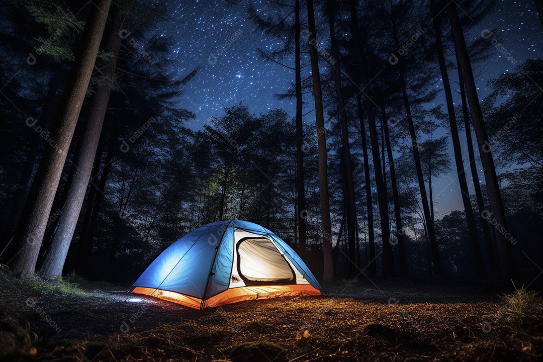 Uma tenda na floresta iluminada pelo céu noturno