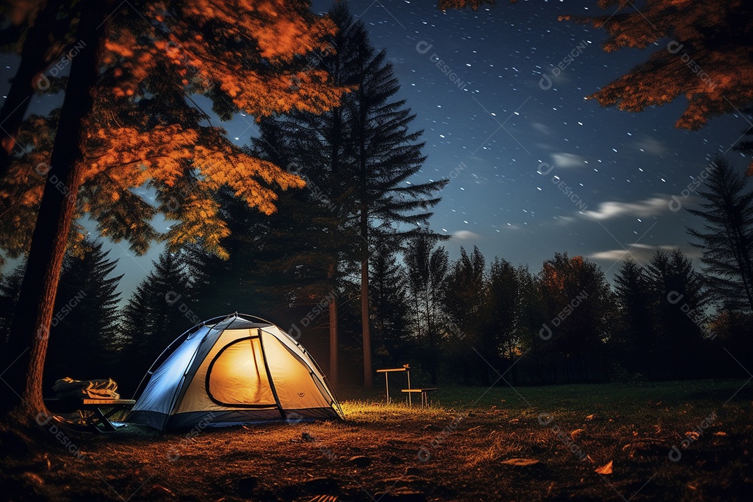 Uma tenda na floresta iluminada pelo céu noturno