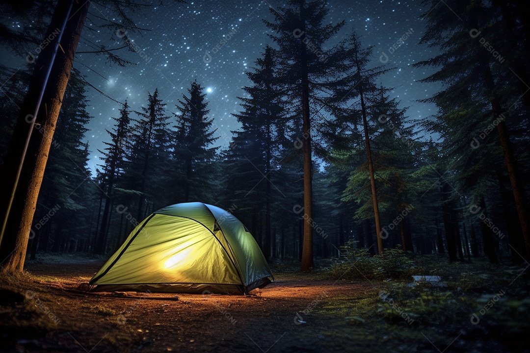 Uma tenda na floresta iluminada pelo céu noturno