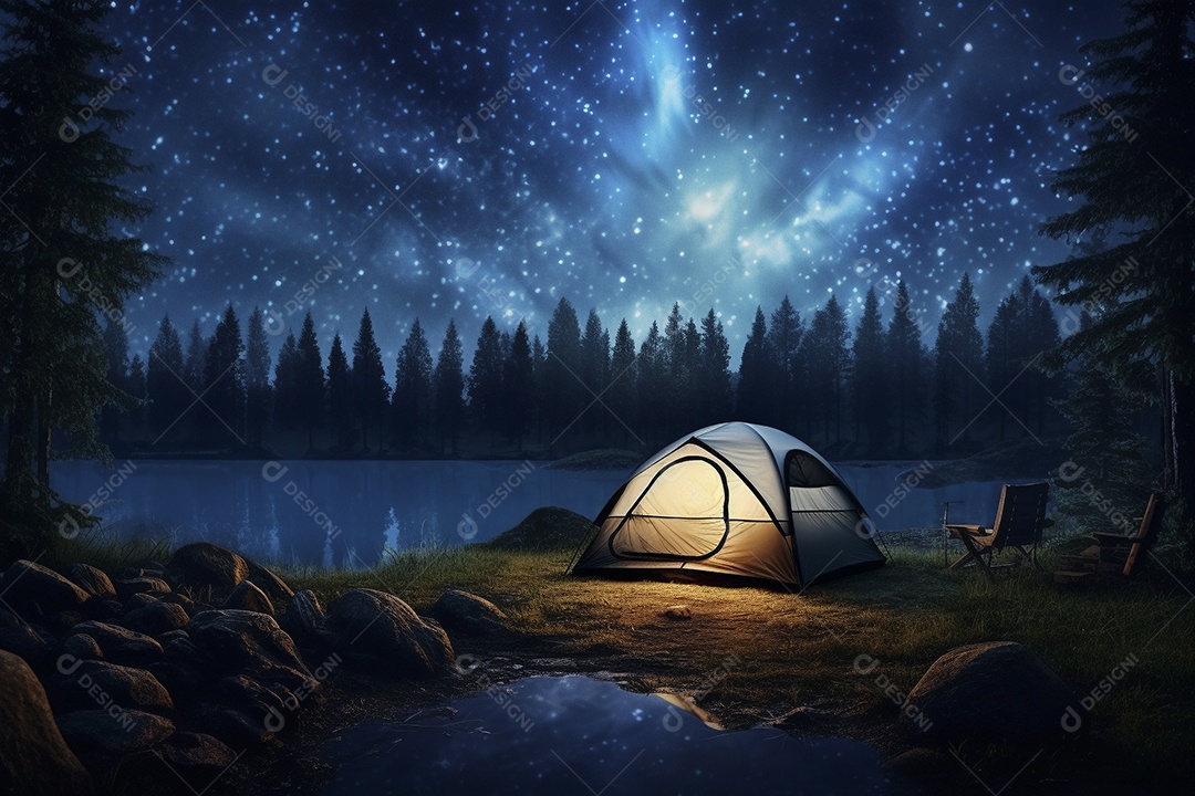 Uma tenda na floresta iluminada pelo céu noturno