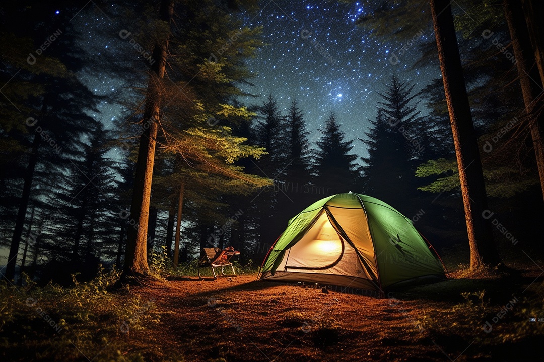 Uma tenda na floresta iluminada pelo céu noturno