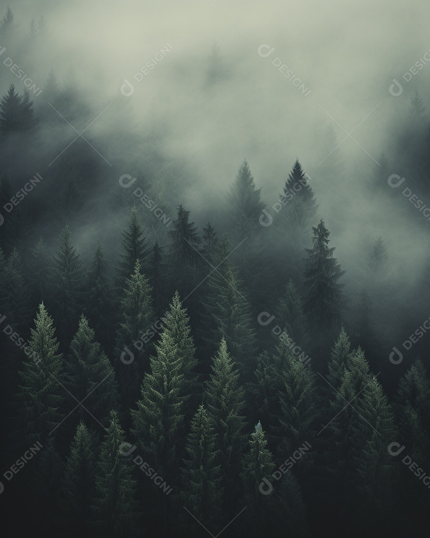 Linda floresta com névoa nublada ao redor das árvores