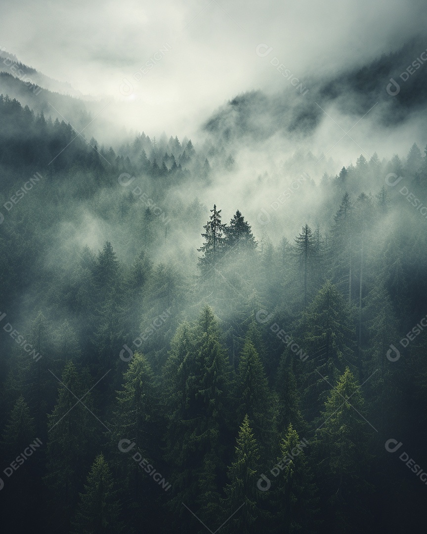 Linda floresta com névoa nublada ao redor das árvores