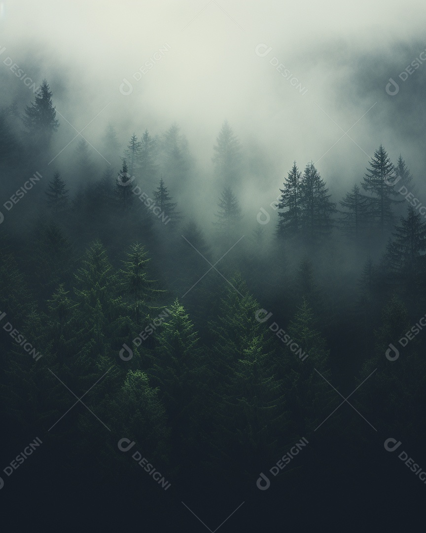 Linda floresta com névoa nublada ao redor das árvores