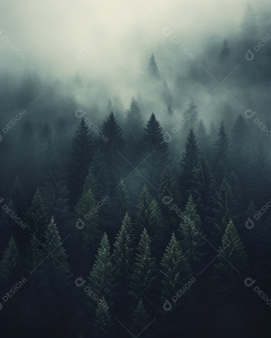 Linda floresta com névoa nublada ao redor das árvores