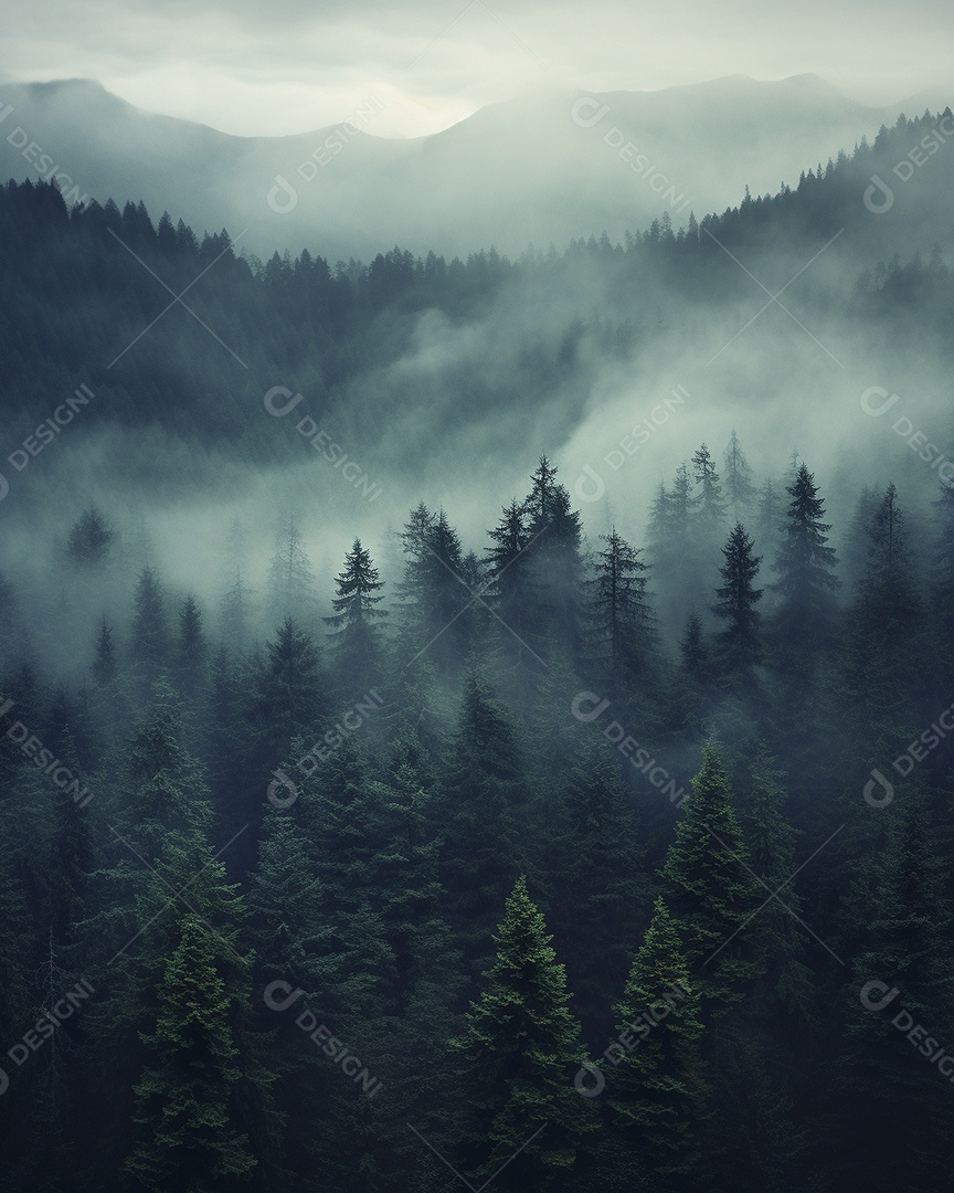 Linda floresta com névoa nublada ao redor das árvores