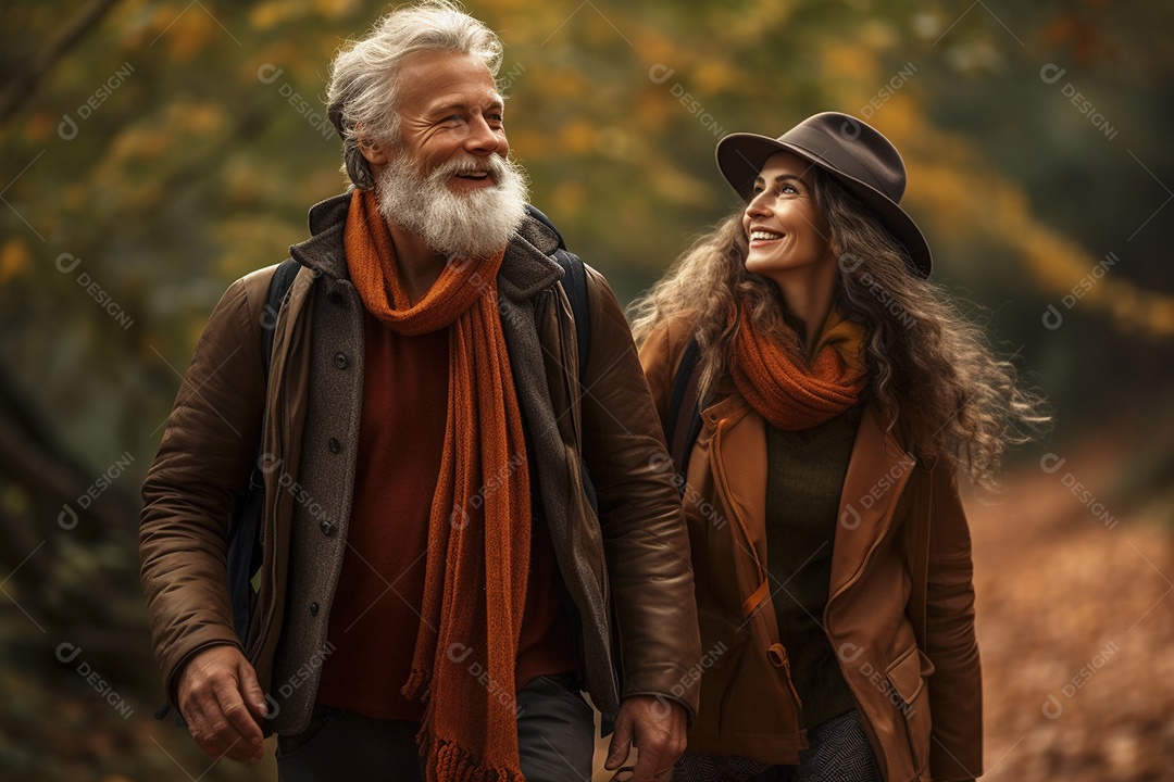 Casal maturo em sua caminhada de outono na floresta