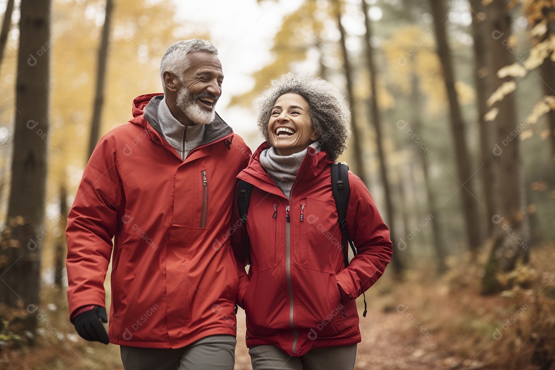 Casal maturo em sua caminhada de outono na floresta