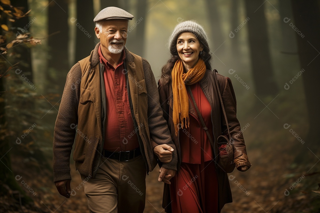 Casal maturo em sua caminhada de outono na floresta