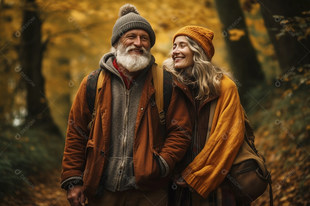Casal maturo em sua caminhada de outono na floresta