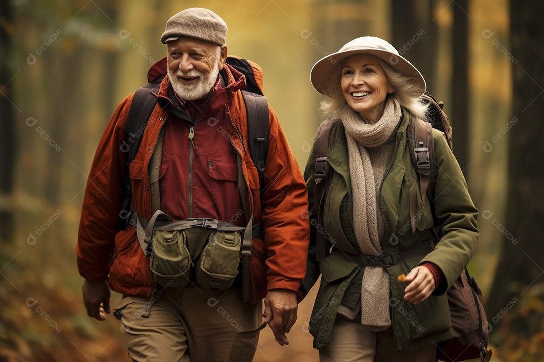Casal maturo em sua caminhada de outono na floresta