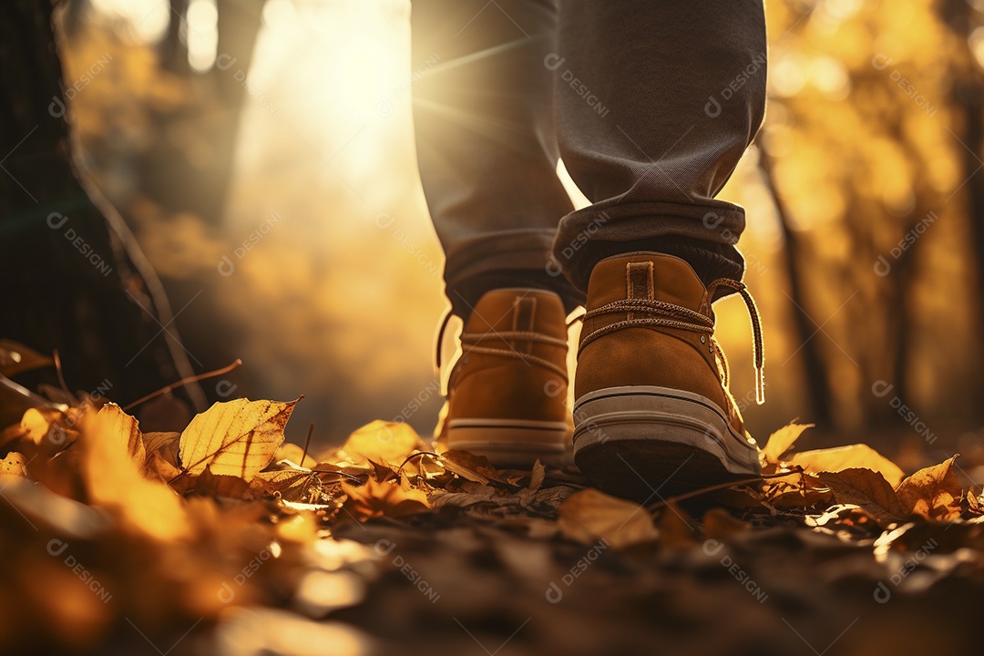 Casal maturo em sua caminhada de outono na floresta