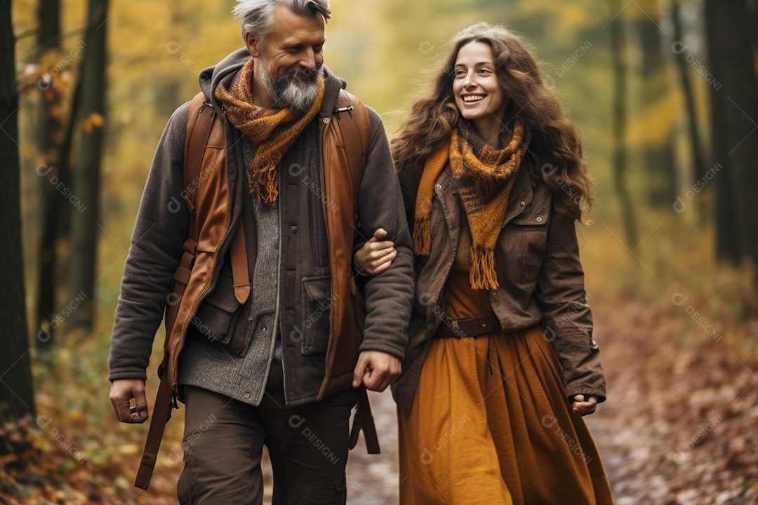 Dois caminhantes caminhando por uma floresta de outono