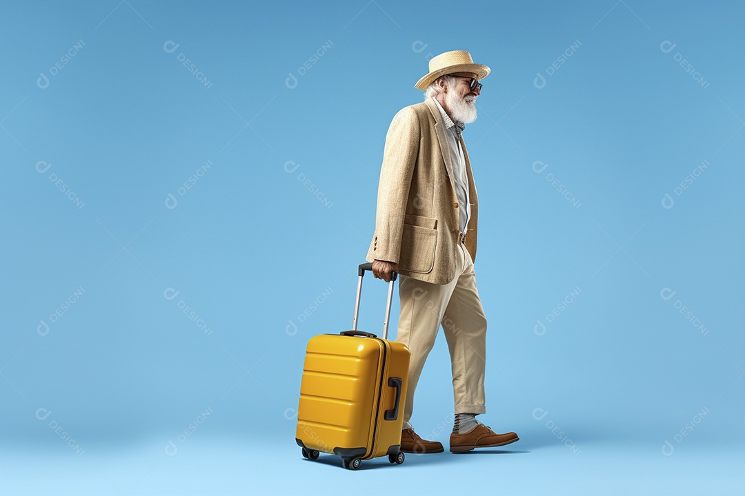 Homem sênior com mala em fundo azul