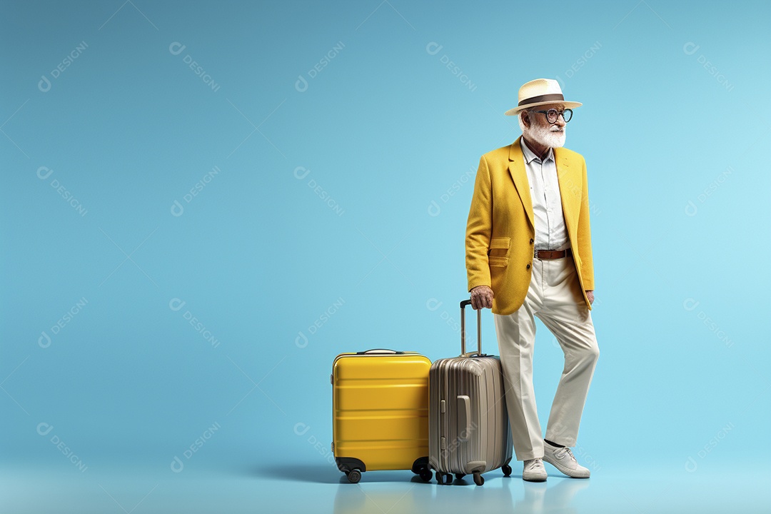 Homem sênior com mala em fundo azul