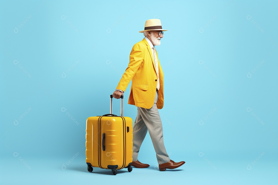 Homem sênior com mala em fundo azul
