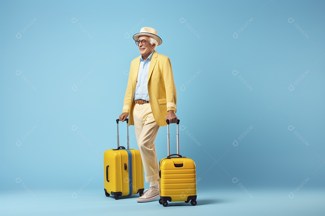 Homem sênior com mala em fundo azul