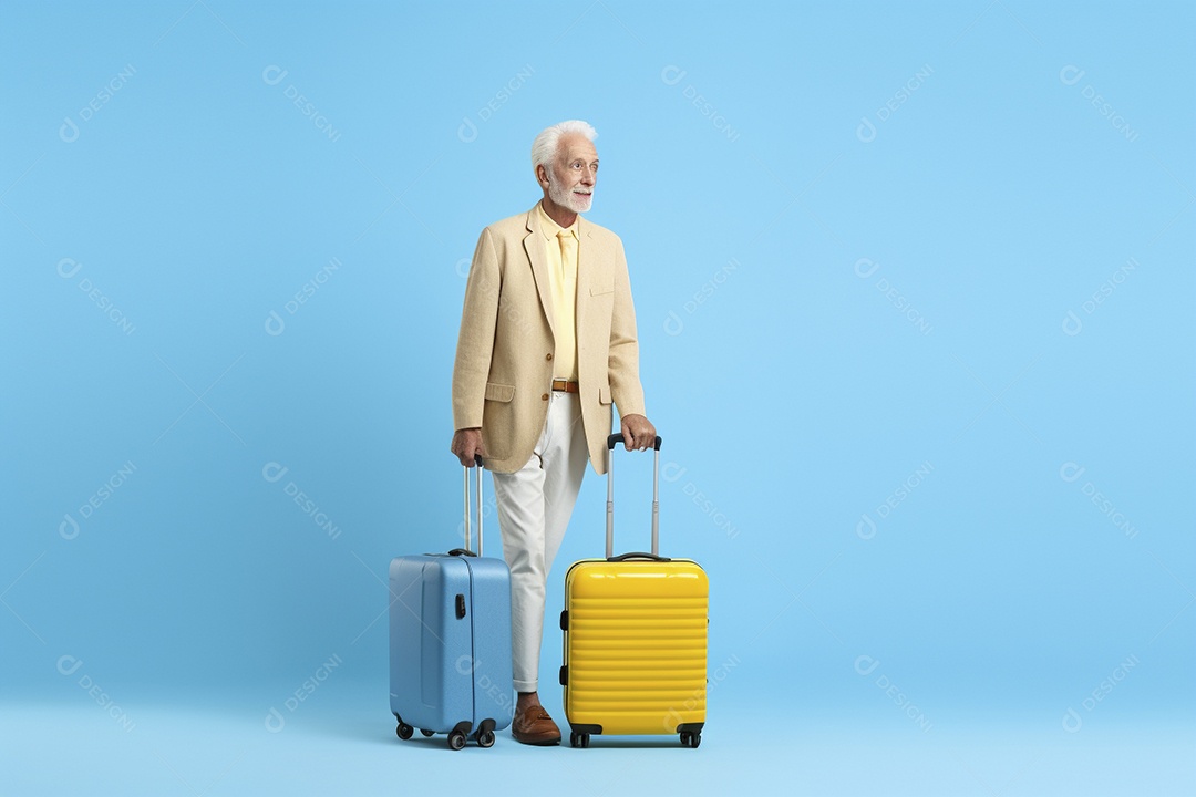 Homem sênior com mala em fundo azul