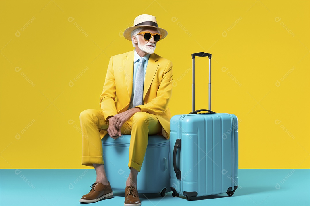 Homem sênior com mala em fundo azul