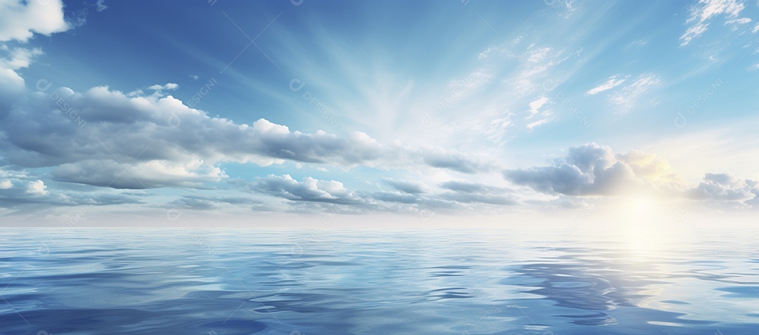 Céu e nuvens sobre a água em um horizonte azul