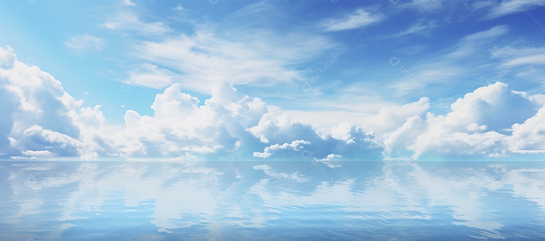 Céu e nuvens sobre a água em um horizonte azul