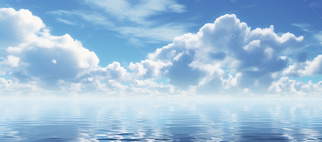 Céu e nuvens sobre a água em um horizonte azul