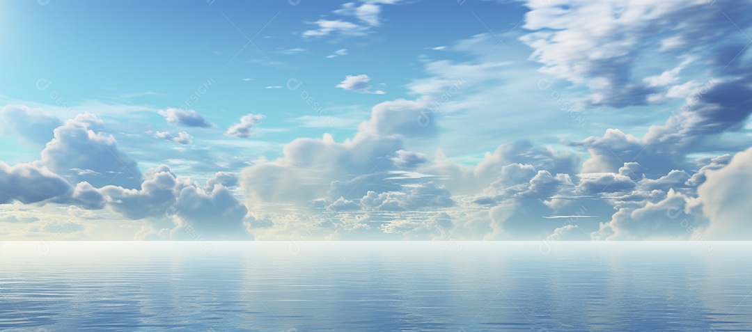 Céu e nuvens sobre a água em um horizonte azul