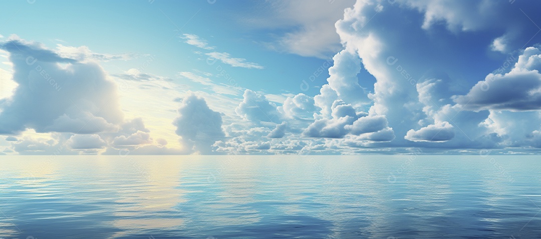 Céu e nuvens sobre a água em um horizonte azul
