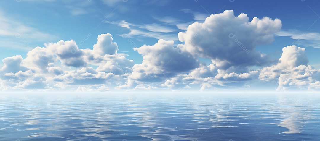 Céu e nuvens sobre a água em um horizonte azul